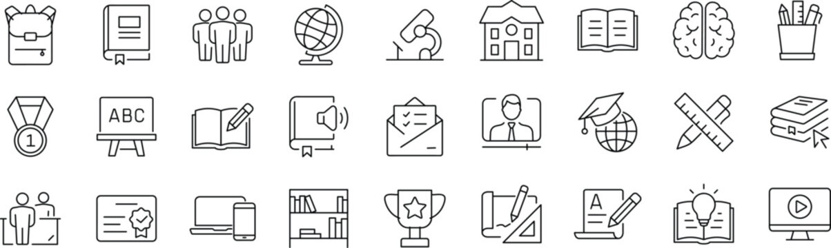 Education set of web icons in line style. Editable Stroke. Learning icons for web and mobile app. E-learning, video tutorial, knowledge, study, school, university, webinar, online education.
