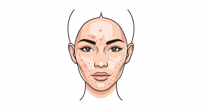 Illustration of a woman's face with numerous blemishes and pimples