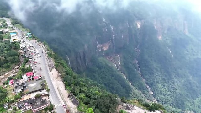 Nohsngithiang Falls also known as Seven Sisters Waterfall near Cherrapunji in Meghalaya shows multi stream cascades over cliffs in closeup. Perfect waterfall, nature and landscape visuals.