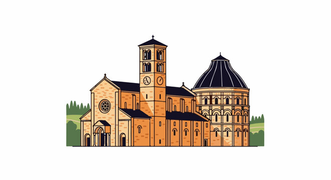 Illustration of an orange, stone building with a clock tower and domed structure