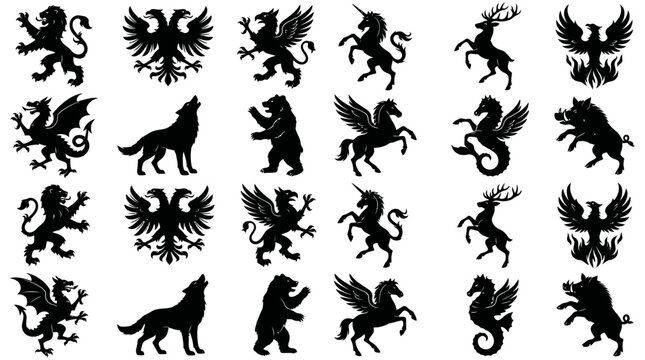 Black silhouette emblems of mythical creatures and heraldic animals on white background