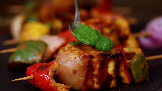 Paneer Tikka skewers grilled in tandoori style with vegetables served in closeup. Perfect paneer tikka, appetizer and snack visuals with smoky texture and rich flavor.