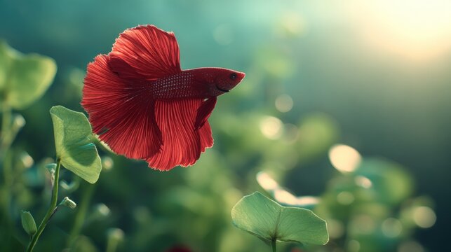 Vibrant red betta fish swimming among green aquatic plants in sunlight