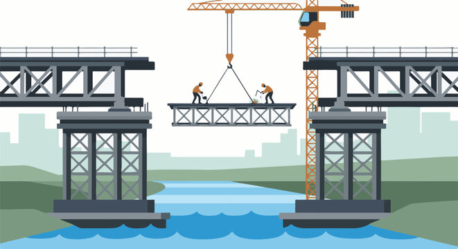 Industrial bridge construction over water with crane and workers