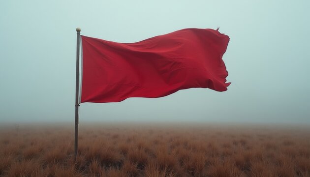 Red flag waves in misty field. Dry grass covers desolate landscape. Weather is foggy, sky is pale. Nobody is around this empty, barren scene.
