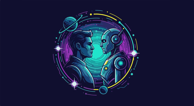 Human and robot face each other in a colorful cosmic portal