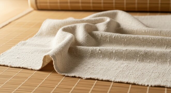 Close-up view of a natural woven cotton textile with a subtle slub texture on a bamboo surface, showcasing its organic quality