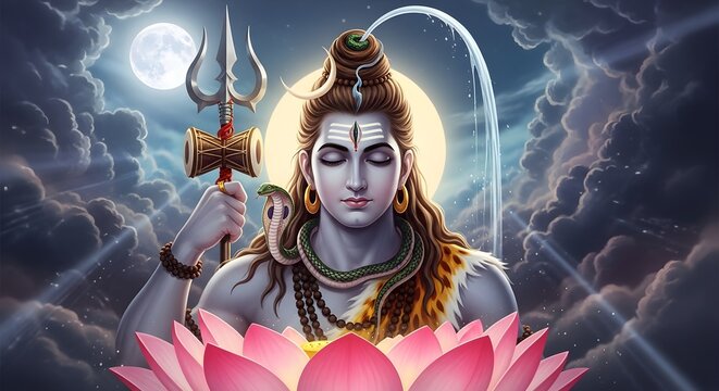 ​Lord Shiva Meditating on Lotus with Trident and Crescent Moon in Cosmic Background