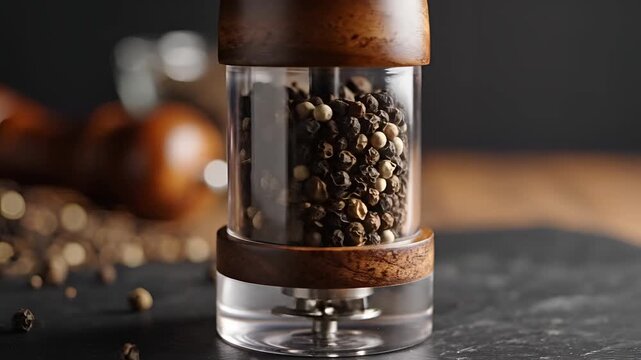 Closeup of a modern wooden and glass pepper grinder filled with peppercorns.