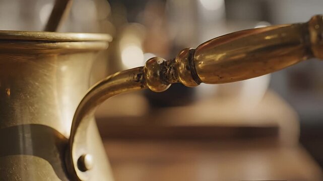 Closeup of a vintage brass coffee pot handle with steam rising.