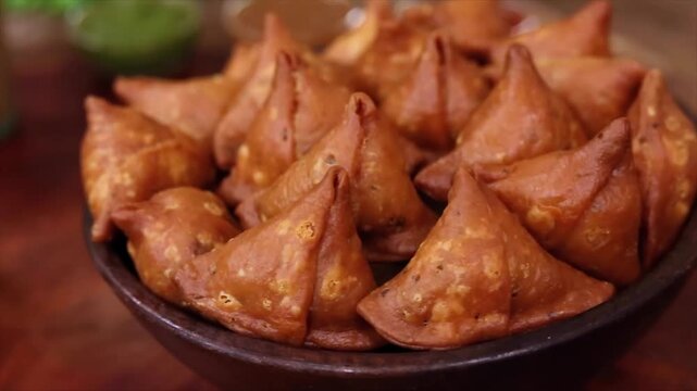 Freshly fried samosa paired with ginger tea and green chutney brings a classic tea-time snack scene in closeup. Great for samosa, tea and snack visuals with crispy texture.
