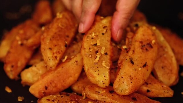 Spicy potato wedges deep fried crispy served as starter snack in closeup. Perfect potato, wedges and snack visuals with crunchy texture and delicious presentation.