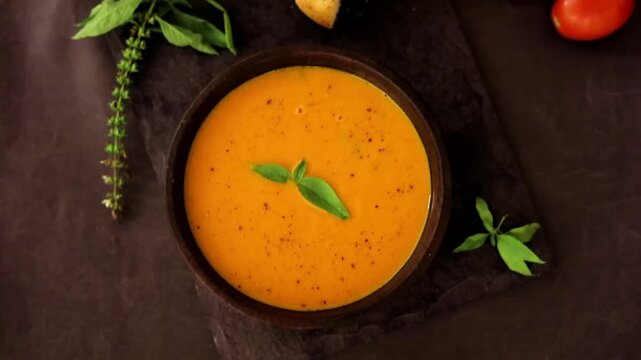 Spicy creamy tomato soup served hot with basil garnish in closeup. Perfect tomato, soup and vegetable visuals with rich texture and warm food presentation.