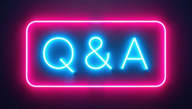 Neon sign displays QA letters with glowing effect. Interactive communication and information exchange symbol. Modern concept for knowledge sharing.
