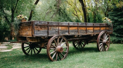 Fototapeta premium Rustic wooden wagon on grass with blurred background in outdoor setting