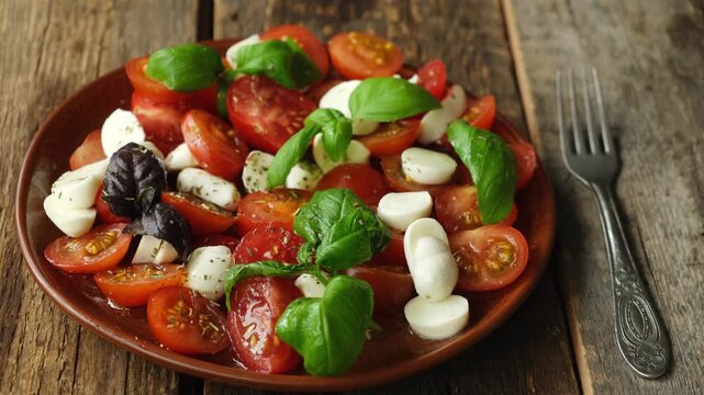 Plate of caprese salad made with tomatoes, mozzarella, and basil. Vegetarian italian cuisine. Healthy diet, tasty dinner.