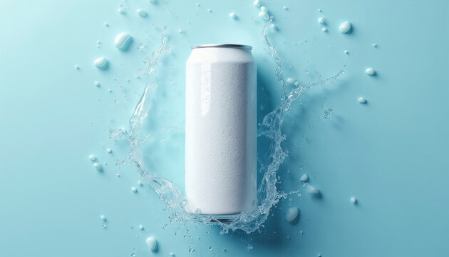 Plain white beverage can splashes with clear water droplets on a light blue surface. Product mockup ready for custom branding design. Refreshing drink concept for ads.