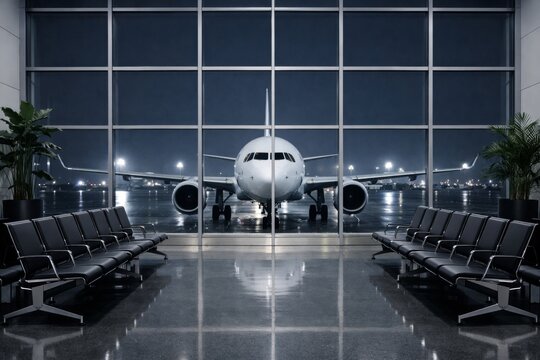 Airplane facing terminal windows at night in empty airport hall. Ai generative
