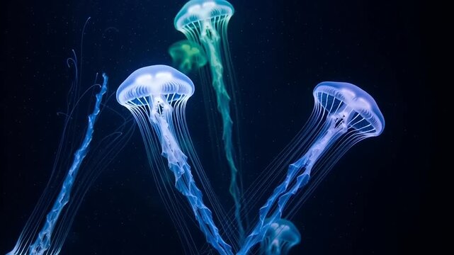 Bioluminescent jellyfish swimming gracefully in deep ocean waters.