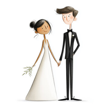 Bride and Groom Smiling Illustration Isolated on White Background
