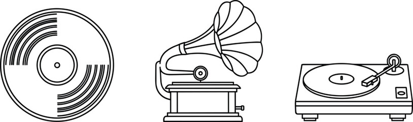 Vintage Music and Audio Equipment Icon Set Featuring Vinyl Record, Gramophone, and Turntable Player for Retro Sound Technology and Classic Entertainment Vector Line Design © msthasina