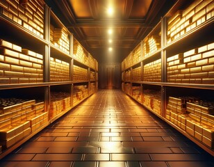 Fototapeta premium gold bars stored on shelves in a vault