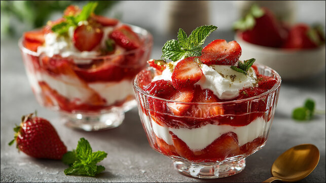 Sweet strawberry desserts with cream and fresh mint.