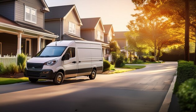 delivery van parked in a residential neighborhood ready to deliver packages copy space concept of transportation parcel delivery