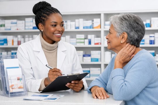 Pharmacist consulting senior customer in modern pharmacy. Ai generative