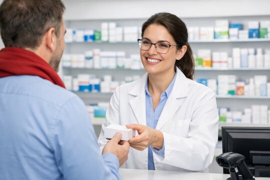 Pharmacist assisting customer in modern pharmacy interior. Ai generative