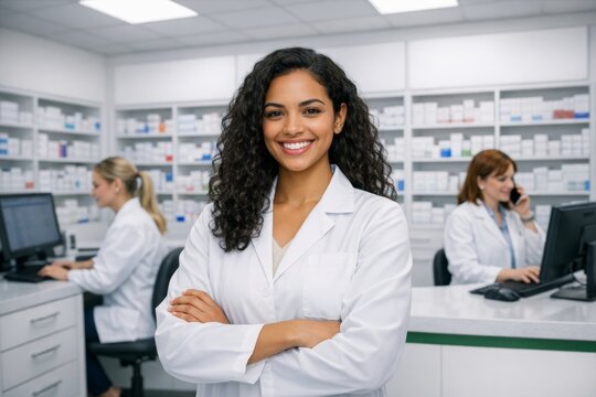 Confident pharmacist standing in modern pharmacy with colleagues. Ai generative