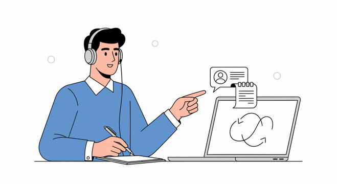 Man with headphones taking notes and pointing at laptop screen with cloud icon