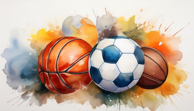 artistic watercolor depiction of diverse sports balls showcasing soccer basketball and football designs