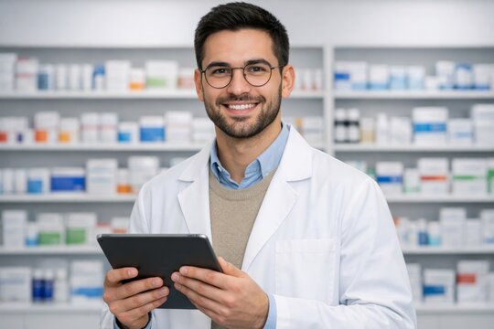 Smiling pharmacist holding tablet in modern pharmacy interior. Ai generative