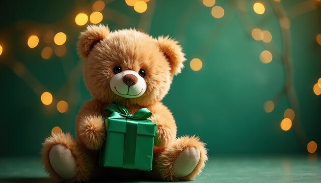 Fluffy teddy bear sits holding a green gift box with a bow. Bokeh lights in background create festive atmosphere. Cute toy suitable for holidays and special occasions.