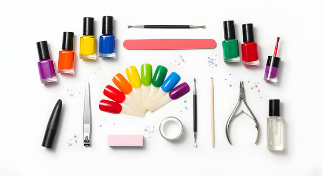 A collection of colorful nail polish bottles and manicure tools on a white background