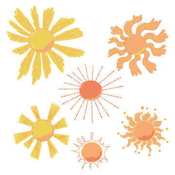 Set of sun illustration with various forms. Collection of cute sun. Solar system