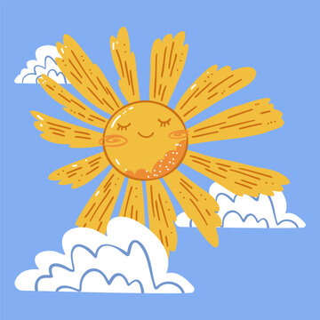 Cute sun illustration with smile. Sun with clouds. Good for posters, stickers, packaging, and decorative design.
