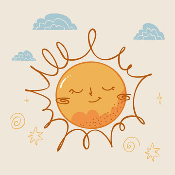 Cute sun illustration with smile. Sun with clouds. Good for posters, stickers, packaging, and decorative design.