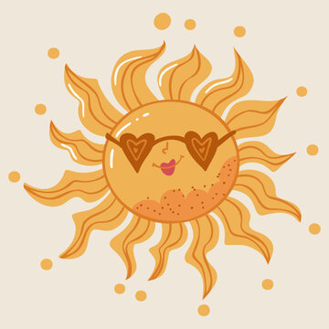 Cute sun illustration with sunglasses. Sun with smile. Good for posters, stickers, packaging, and decorative design.