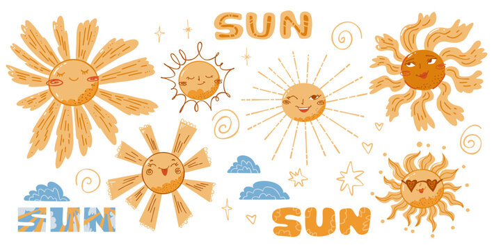 Set of sun illustration with various forms. Collection of fanny sun with emotions. Sunshine emoji