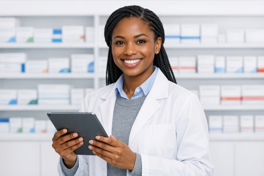 Smiling pharmacist holding tablet in modern pharmacy interior. Ai generative