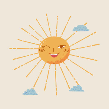 Cute sun illustration with smile. Sun with clouds. Good for posters, stickers, packaging, and decorative design.