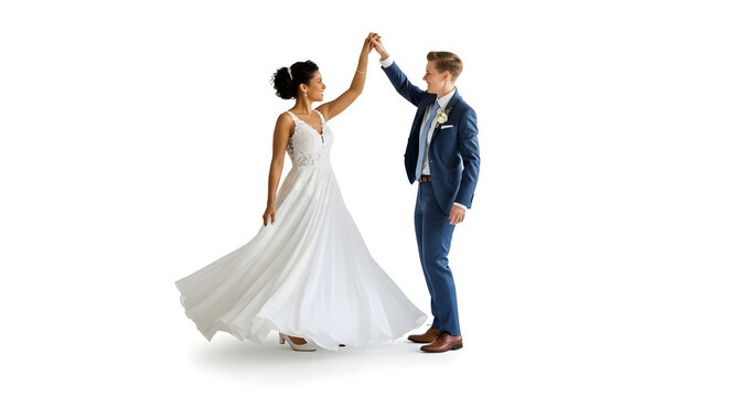 A happy couple dancing together on their wedding day in formal attire