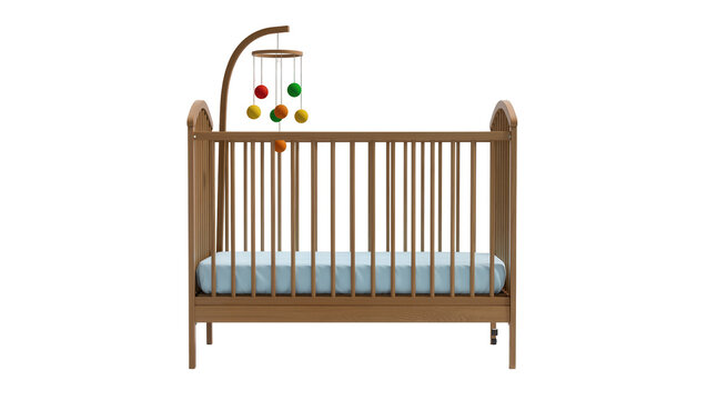 Wooden baby crib with blue bedding and hanging mobile decoration
