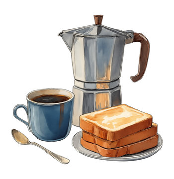 Geyser coffee maker with toast, watercolor illustration