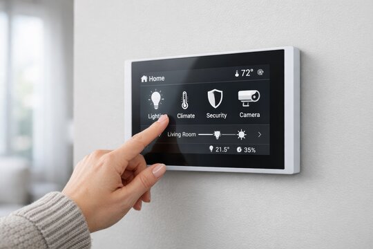 Smart home control panel with hand adjusting settings on wall. Ai generative