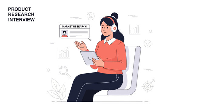 Product research interview: woman with headphones and tablet conducting market research