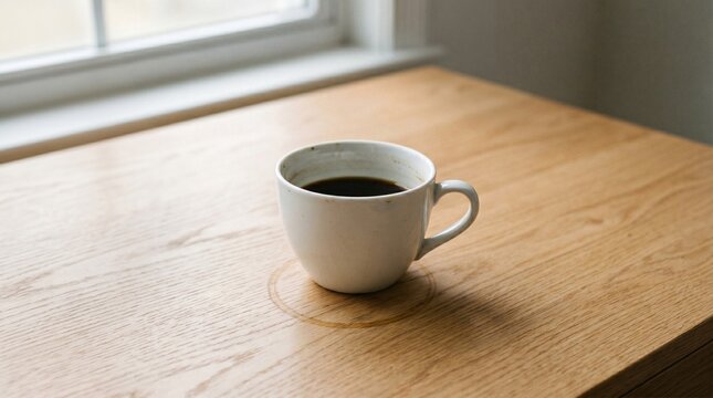 A warm mug of black coffee sits on a wooden table next to a window, suggesting a cozy morning or break