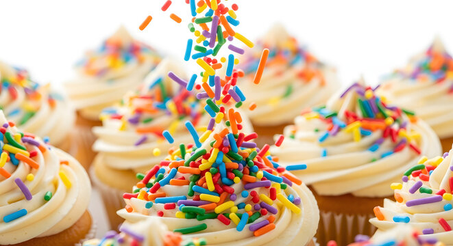 A close-up view of cupcakes with white frosting and colorful sprinkles being poured on top of them.